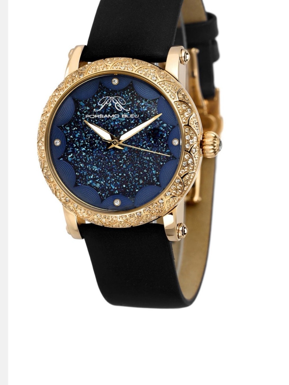 Porsamo Bleu Gold-Tone Watch with Blue Glitter Dial and Black Strap